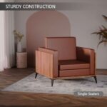 Stylish Single Seat Natural Dijon Walnut Wooden Sofa with Comfortable PU Cushion, Durable and Space Saving Design, Ideal for Home, Office, Living Room and Lounge Area - Brown