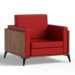Stylish Single Seat Natural Dijon Walnut Wooden Sofa with Comfortable PU Cushion, Durable and Space Saving Design, Ideal for Home, Office, Living Room and Lounge Area - Red