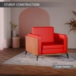 Stylish Single Seat Natural Dijon Walnut Wooden Sofa with Comfortable PU Cushion, Durable and Space Saving Design, Ideal for Home, Office, Living Room and Lounge Area - Red