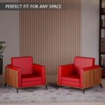 Stylish Single Seat Natural Dijon Walnut Wooden Sofa with Comfortable PU Cushion, Durable and Space Saving Design, Ideal for Home, Office, Living Room and Lounge Area - Red
