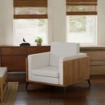 Stylish Single Seat Natural Dijon Walnut Wooden Sofa with Comfortable PU Cushion, Durable and Space Saving Design, Ideal for Home, Office, Living Room and Lounge Area - White