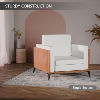 Stylish Single Seat Natural Dijon Walnut Wooden Sofa with Comfortable PU Cushion, Durable and Space Saving Design, Ideal for Home, Office, Living Room and Lounge Area - White - Image 4