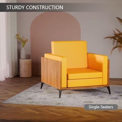 Stylish Single Seat Natural Dijon Walnut Wooden Sofa with Comfortable PU Cushion, Durable and Space Saving Design, Ideal for Home, Office, Living Room and Lounge Area - Yellow - Image 4