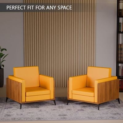 Stylish Single Seat Natural Dijon Walnut Wooden Sofa with Comfortable PU Cushion, Durable and Space Saving Design, Ideal for Home, Office, Living Room and Lounge Area - Yellow - Image 5