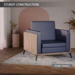 Stylish Single Seat Truffle Davos Oak Wooden Sofa with Comfortable PU Cushion, Durable and Space Saving Design, Ideal for Home, Office, Living Room and Lounge Area - Blue
