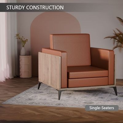 Stylish Single Seat Truffle Davos Oak Wooden Sofa with Comfortable PU Cushion, Durable and Space Saving Design, Ideal for Home, Office, Living Room and Lounge Area - Brown - Image 4