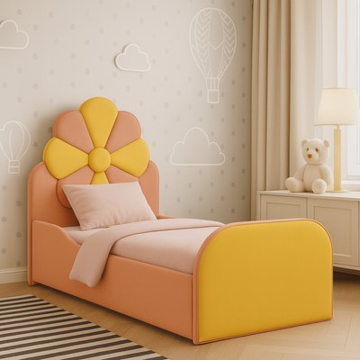 Coral & Yellow Kids Flower Bed Modern Upholstered Bed with Safety Sides - Image 3