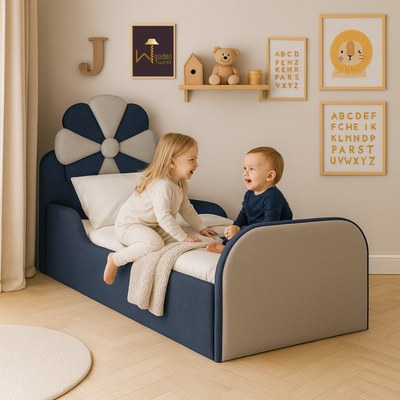 Blue & Grey Kids Flower Bed Modern Bed with Safety Sides In Soft Fabric - Image 2