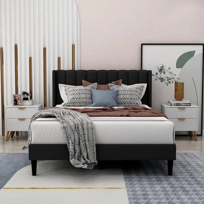 Modern Rectangular Velvet Upholstery Bed with Soft Wingback Headboard Black (Queen) - Image 4
