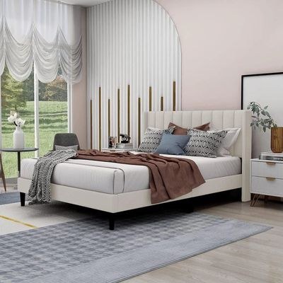 Modern Rectangular Velvet Upholstery Bed with Soft Wingback Headboard Beige (Queen)
