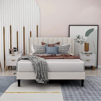 Modern Rectangular Velvet Upholstery Bed with Soft Wingback Headboard Beige (Super King) - Image 2
