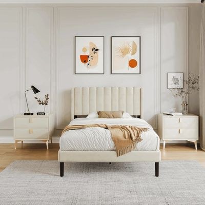 Modern Rectangular Velvet Upholstery Bed with Soft Wingback Headboard Cream (Super King) - Image 3