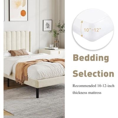 Modern Rectangular Velvet Upholstery Bed with Soft Wingback Headboard Cream (Super King) - Image 5