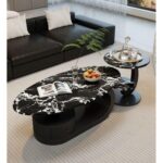 Microlite Oval Nesting Coffee Table Set, Black Metal Base with Marble Top, Modern Living Room Centre Tables