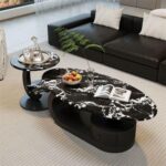 Microlite Oval Nesting Coffee Table Set, Black Metal Base with Marble Top, Modern Living Room Centre Tables