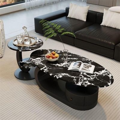 Microlite Oval Nesting Coffee Table Set, Black Metal Base with Marble Top, Modern Living Room Centre Tables - Image 2