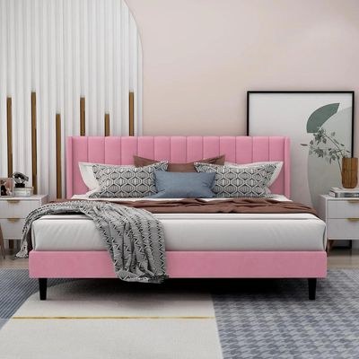 Modern Rectangular Velvet Upholstery Bed with Soft Wingback Headboard Pink (King) - Image 2