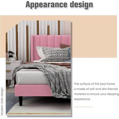 Modern Rectangular Velvet Upholstery Bed with Soft Wingback Headboard Pink (King) - Image 3