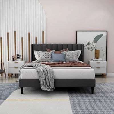 Modern Rectangular Velvet Upholstery Bed with Soft Wingback Headboard Dark Grey (Queen) - Image 2