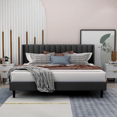 Modern Rectangular Velvet Upholstery Bed with Soft Wingback Headboard Dark Grey (King) - Image 2