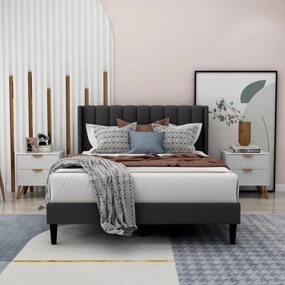 Modern Rectangular Velvet Upholstery Bed with Soft Wingback Headboard Dark Grey (Super King) - Image 2