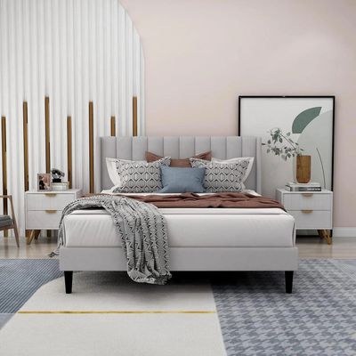 Modern Rectangular Velvet Upholstery Bed with Soft Wingback Headboard Light Grey (Queen) - Image 2