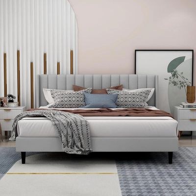 Modern Rectangular Velvet Upholstery Bed with Soft Wingback Headboard Light Grey (King) - Image 2