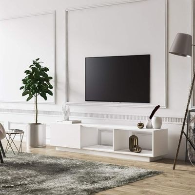 Luxury White White Tv Stand Console – Marble Accent High Gloss Media Cabinet With Storage - Image 2