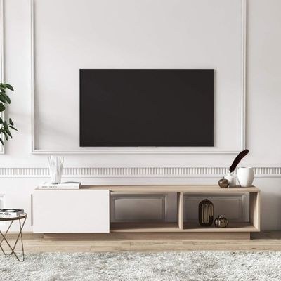 Luxury Beige Tv Stand Console – Marble Accent High Gloss Media Cabinet With Storage