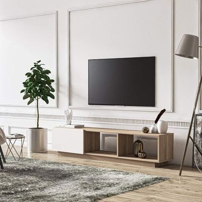Luxury Beige Tv Stand Console – Marble Accent High Gloss Media Cabinet With Storage - Image 2
