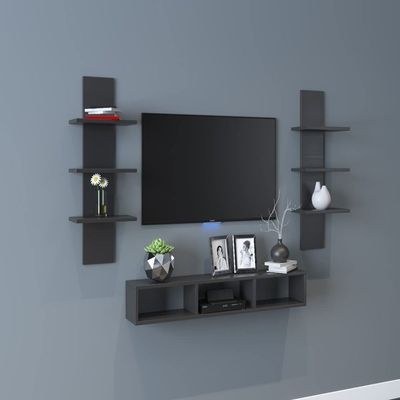 Wall Mounted Tv Unit With Storage Cabinet & Floating Shelf – Black Design - Image 2