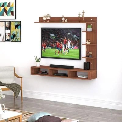 Wood Wall Mount Tv Unit With Side And Top Shelves For Tvs Up To 55 Inches 160Cm Brown - Image 4