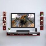 Wall Mounted Tv Unit With Storage Cabinet & Floating Shelf – Brown & White Design