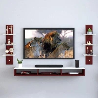 Wall Mounted Tv Unit With Storage Cabinet & Floating Shelf – Brown & White Design