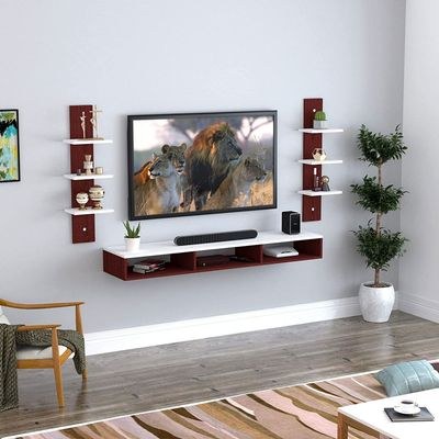 Wall Mounted Tv Unit With Storage Cabinet & Floating Shelf – Brown & White Design - Image 3