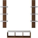 Wall Mounted Tv Unit With Storage Cabinet & Floating Shelf – Brown & White Design