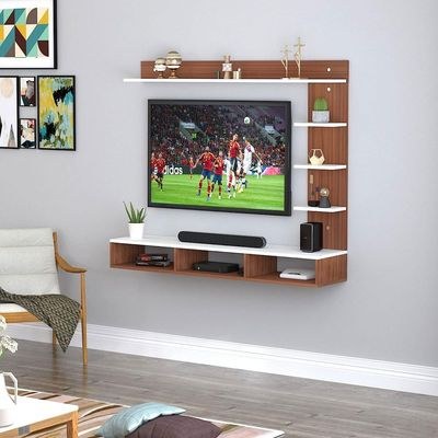 Wood Wall Mount Tv Unit With Side And Top Shelves For Tvs Up To 55 Inches 160Cm Brown & White - Image 4