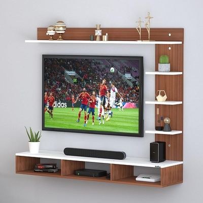 Wood Wall Mount Tv Unit With Side And Top Shelves For Tvs Up To 55 Inches 160Cm Brown & White - Image 5