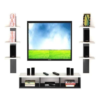 Wall Mounted Tv Unit With Storage Cabinet & Floating Shelf – Black & White Design - Image 3