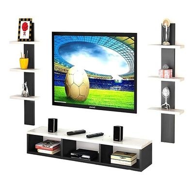 Wall Mounted Tv Unit With Storage Cabinet & Floating Shelf – Black & White Design - Image 4
