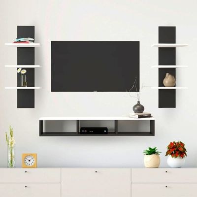Wall Mounted Tv Unit With Storage Cabinet & Floating Shelf – Black & White Design - Image 5