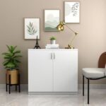White 2-Door Storage Cabinet – Low Profile Entryway Console with Closed Shelves