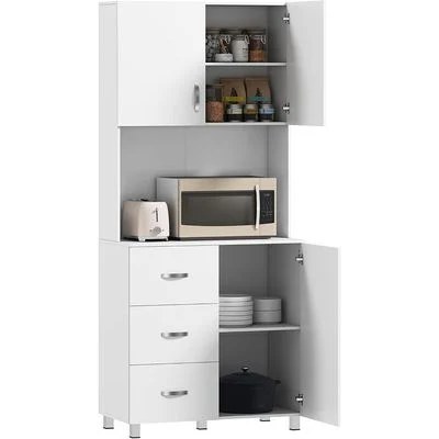 White Kitchen Pantry Hutch – Freestanding Cabinet with Drawer Storage & Microwave Nook - Image 3