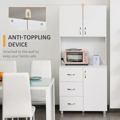 White Kitchen Pantry Hutch – Freestanding Cabinet with Drawer Storage & Microwave Nook - Image 4