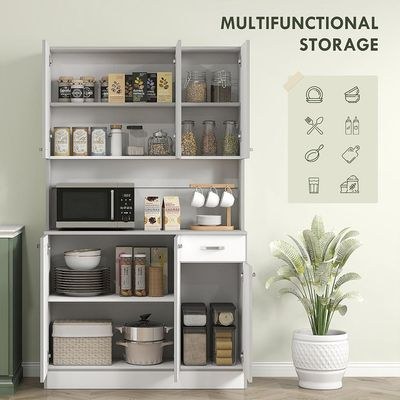 White Kitchen Pantry Hutch – Freestanding Food Storage Cabinet with Microwave Nook - Image 4