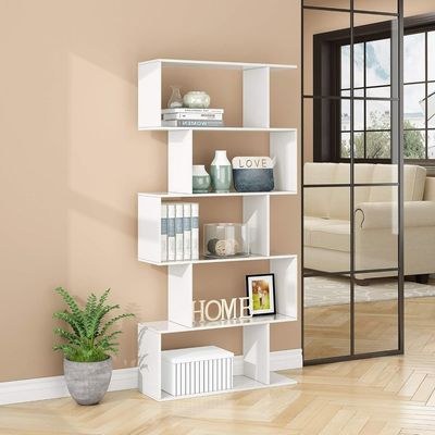 Modern 5-Tier S-Shaped Bookcase | White Zigzag Geometric Display & Storage Shelf - Image 4
