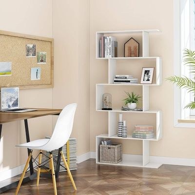 Modern 5-Tier S-Shaped Bookcase | White Zigzag Geometric Display & Storage Shelf - Image 5