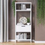 White 4-Tier Open Shelf Bookcase | Storage Unit with Drawer | Modern Display Cabinet