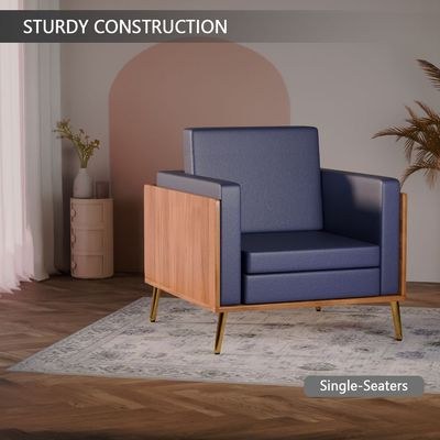 Mahmayi KD 3326 Stylish Single Seat Natural Dijon Walnut Wooden Sofa with Golden Legs and Comfortable PU Cushion, Durable and Space Saving Design, Ideal for Home, Office, Living Room and Lounge Area - Blue - Image 4