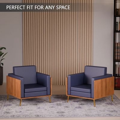 Mahmayi KD 3326 Stylish Single Seat Natural Dijon Walnut Wooden Sofa with Golden Legs and Comfortable PU Cushion, Durable and Space Saving Design, Ideal for Home, Office, Living Room and Lounge Area - Blue - Image 5